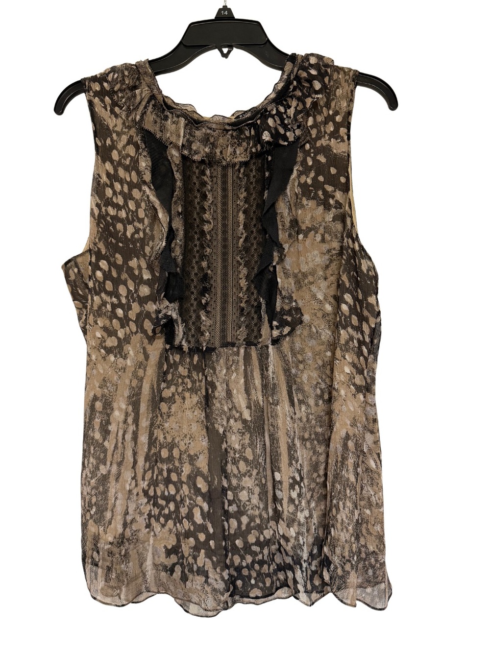 Elie Tahari 100% Silk Animal Print Sleeveless Ruffle Blouse Size XL